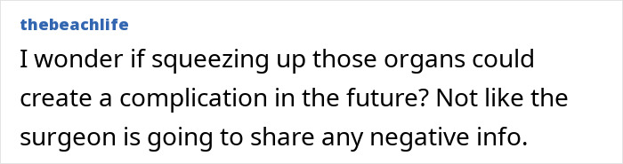 Comment from user thebeachlife expressing concern about complications from waist reduction surgery shown in before-and-after transformation clips.