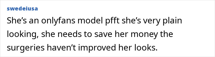 Comment on social media post discussing a mom who got her ribs broken to make waist smaller and her transformation shown in clips.