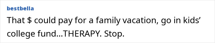Text post from user bestbella expressing frustration about therapy costs taking away money for family vacation or kids' college fund.