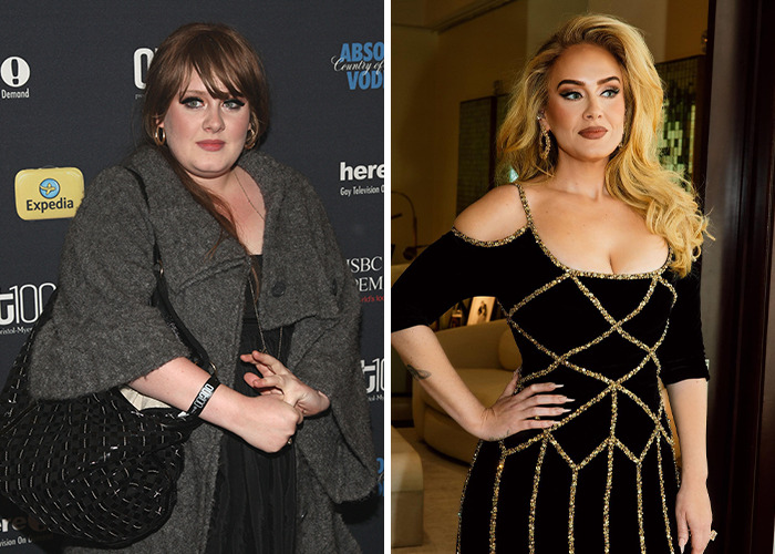 Side-by-side images of a female celebrity showing dramatic differences in appearance after jaw-dropping transformations.