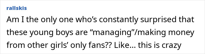 Text post on social media discussing surprise over young boys making money from other girls&rsquo; OnlyFans content.