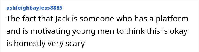 Comment from user ashleighbayless8885 expressing concern about a public figure motivating young men, relating to adult star wedding vows and YouTube prankster split.