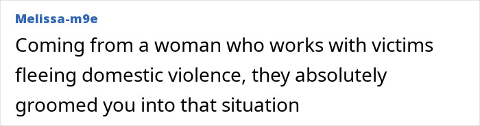 Comment by Melissa-m9e discussing a woman working with domestic violence victims amid claims of grooming in a serious context.