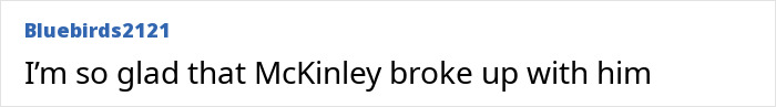 Text post on a forum by Bluebirds2121 expressing relief about McKinley breaking up with her YouTube prankster husband.
