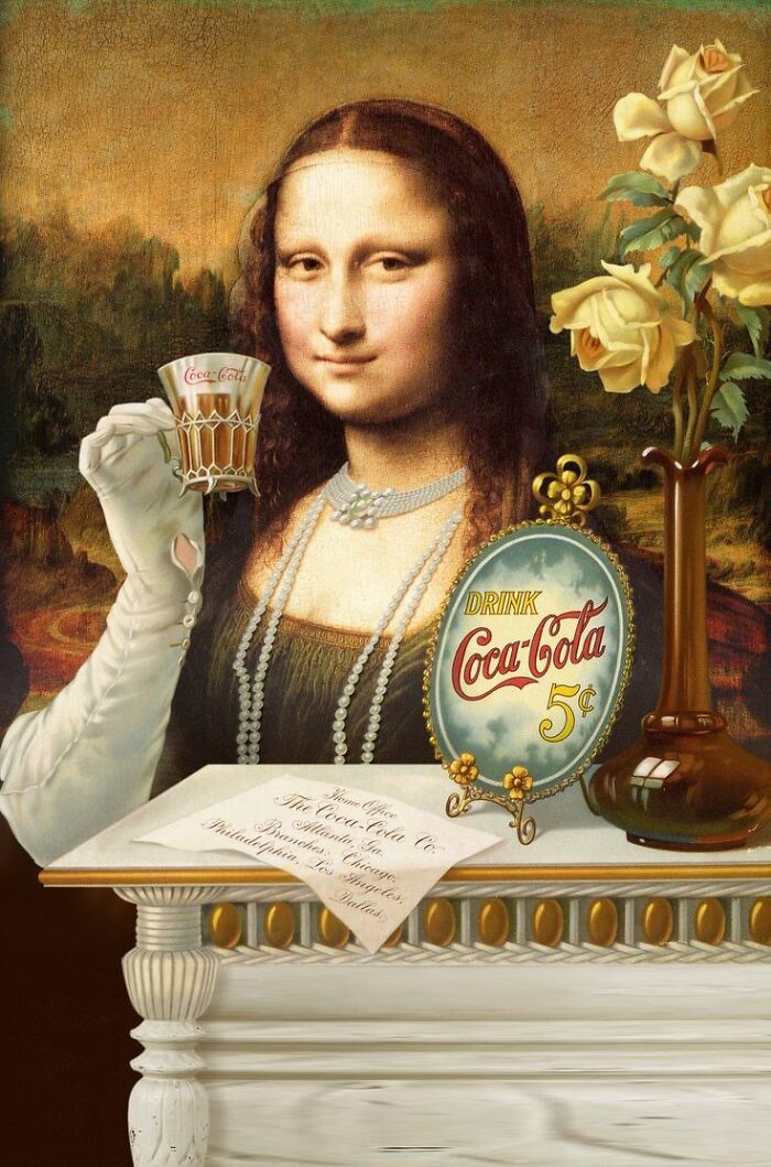 Mona Lisa in ads holding a Coca-Cola glass with vintage Coca-Cola sign and yellow roses on a table.