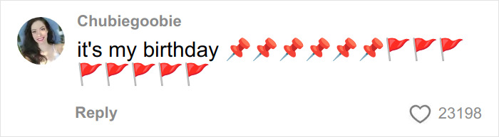 Social media comment with birthday message and multiple red flag emojis, highlighting an aesthetician's disgusting interaction viral keyword.