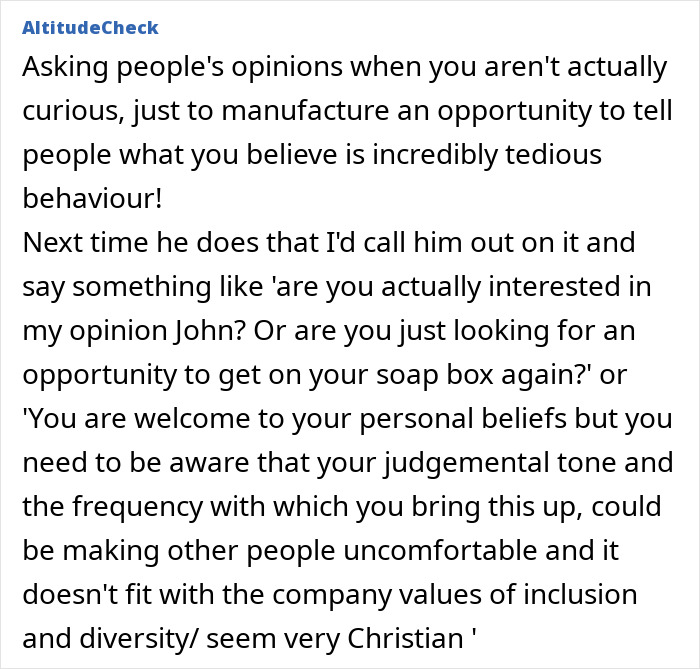 Text post discussing how a religious man makes work life insufferable by pushing his beliefs on coworkers.