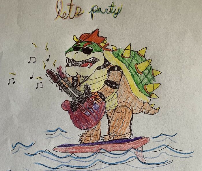 Colored drawing of a punk dinosaur playing guitar on a surfboard over water, relating to strange tattoo artists artwork.