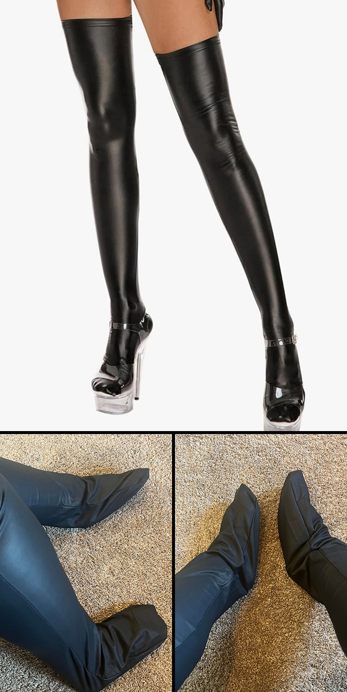 Black thigh-high boots with clear heels versus poorly fitting, misshapen boots showing careless online shopping backfire.