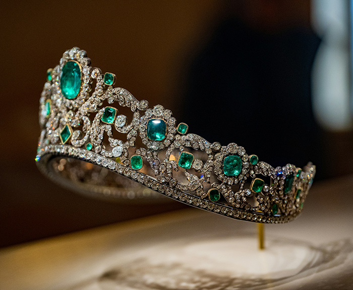 Intricate jeweled tiara with emeralds and diamonds, symbolizing America's most notorious jewel thief and smuggling tricks.