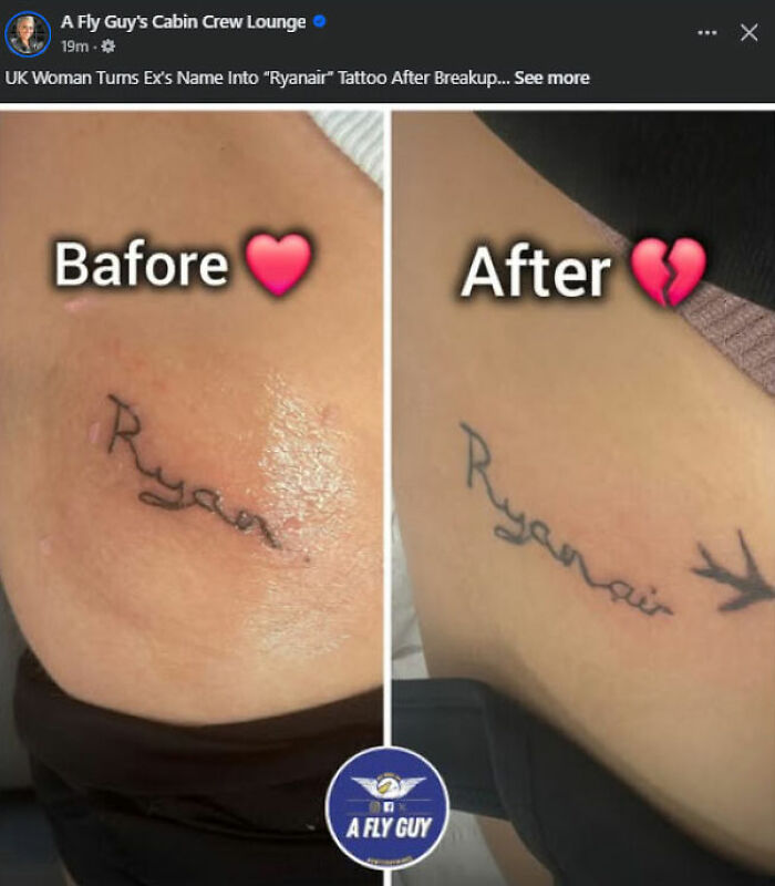 Tattoo transformation from ex's name to "Ryanair" with added airplane design, showcasing unique permanent tattoos on skin.