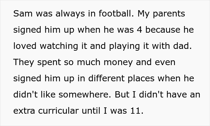 Text describing toxic parents favoring their golden child son, while the younger son refuses to help with the house.