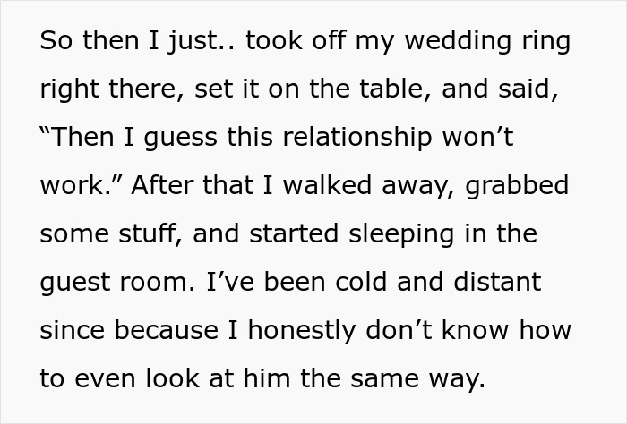 Wife takes off wedding ring and ends relationship after family supports creepy brother-in-law, feeling cold and distant.
