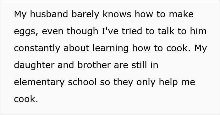 Text about a husband yelling at wife for cooking the same thing after not allowing different ingredients.