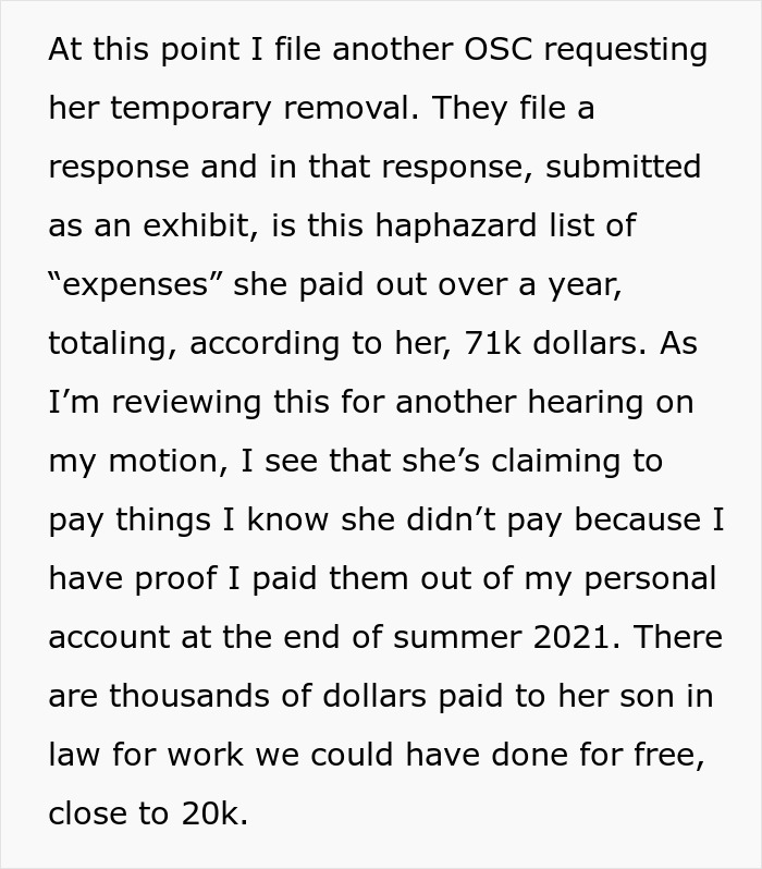 Text showing a haphazard list of expenses totaling 71k dollars, related to grieving daughter driving step-monster to financial ruin.