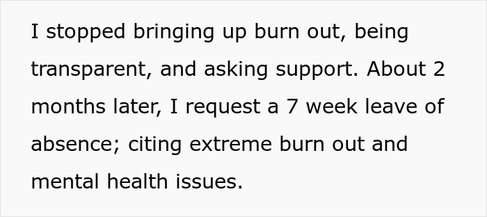 Text excerpt about stopping burnout talks and requesting leave citing burnout and mental health issues.