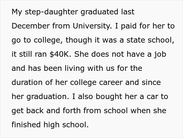 Text excerpt showing a step-dad's heartbreaking speech about his step-daughter's lack of care and appreciation.