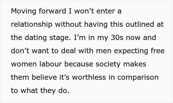 Text on a white background about a woman refusing to accept unfair chores, highlighting the gold digger debate.