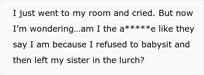 Text excerpt expressing guilt after a paralyzed woman refuses to babysit and questions being blamed.