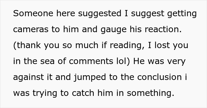 Text discussing suspicion about fianc&eacute; hiding a secret kid after finding kids' clothing and considering camera setups.