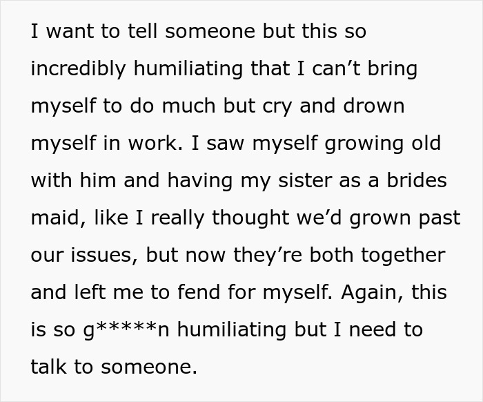 Woman feeling humiliated and abandoned by petty sister who chose to ruin her life instead of seeking therapy. Woman feeling humiliated and abandoned by petty sister who chose to ruin her life instead of seeking therapy.
