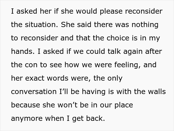 Text about girlfriend not wanting boyfriend to go on trip with female friend, causing him to reconsider relationship.