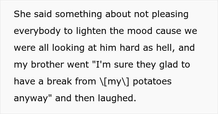 Text excerpt showing a man mocking his sister&rsquo;s potatoes during a family roast, sparking laughter and tension.