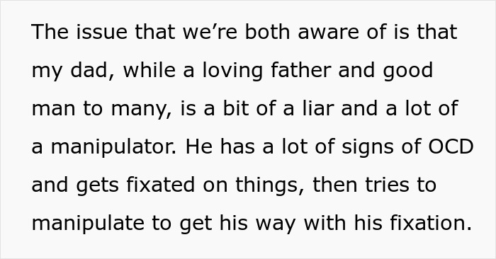 Text excerpt describing a dad upset about daughter&rsquo;s home, showing signs of manipulation and OCD fixation.