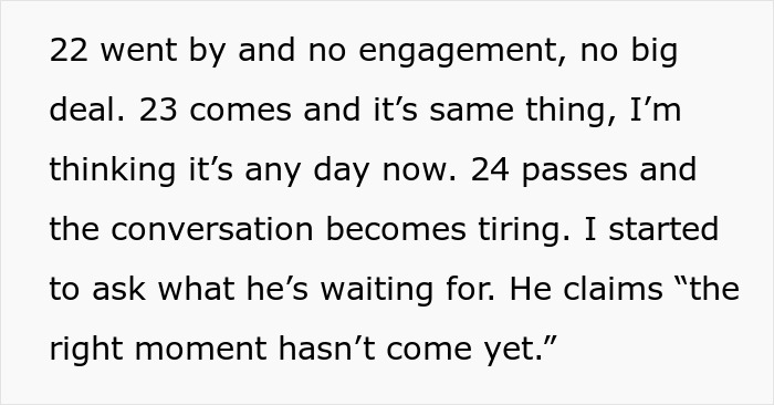 Text excerpt discussing delayed engagement and waiting for the right moment after a breakup rejection.
