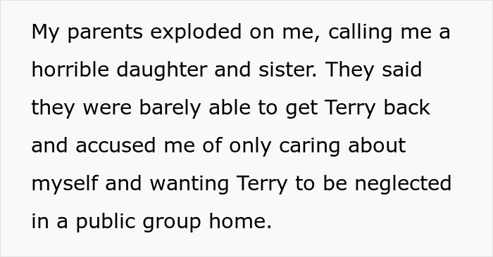 Text excerpt discussing family conflict after woman sets boundary about disabled brother&rsquo;s care and drop-off incident.