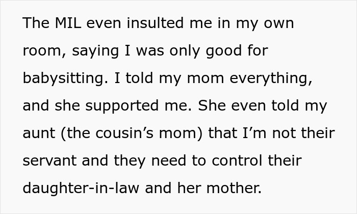 Text excerpt describing a woman watching her cousin&rsquo;s wife struggle after quitting being a free babysitter.