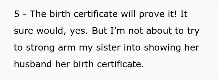 Text excerpt from a document discussing a sister revealing a dead brother lie involving a birth certificate.