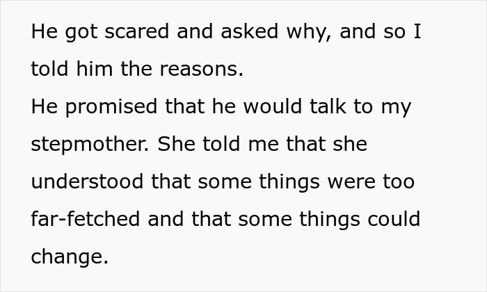 Text passage about a stepmother addressing concerns and the dynamics of stepmother control in family relationships. Text passage about a stepmother addressing concerns and the dynamics of stepmother control in family relationships.