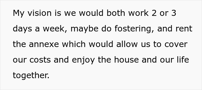 Text excerpt from a woman discussing plans to share work, fostering, and renting to cover costs after a $600K house purchase.
