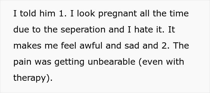 Text excerpt about woman feeling sad due to separation and unbearable pain despite therapy, related to tummy tuck dreams.