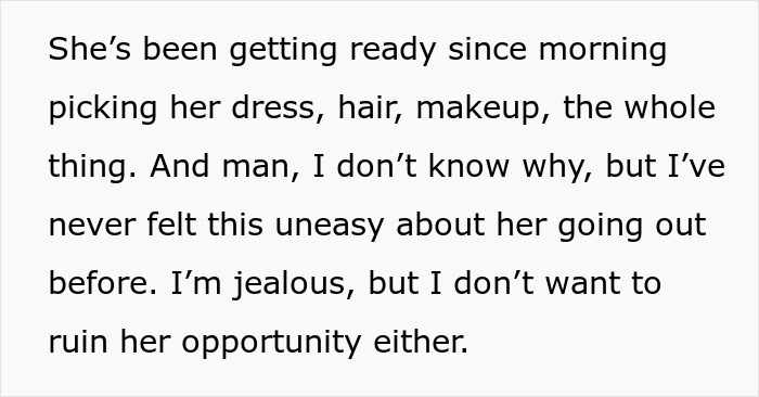 Text excerpt about a woman preparing to go to a gala with a client, causing her husband to question their relationship.