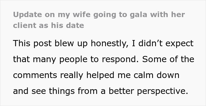 Husband reflects on wife going to gala with client as date, leaving him questioning their relationship and trust.