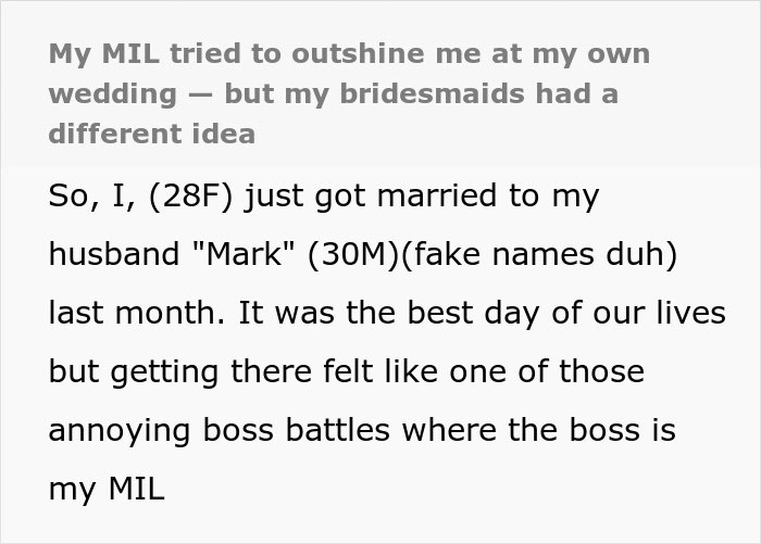 Text excerpt from a story about a mother-in-law trying to be the center of attention at a wedding and being forced to change her outfit.