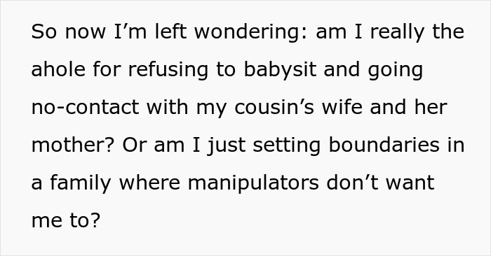 Woman gleams watching cousin&rsquo;s wife struggle after she finally quits being her free babysitter and sets boundaries.