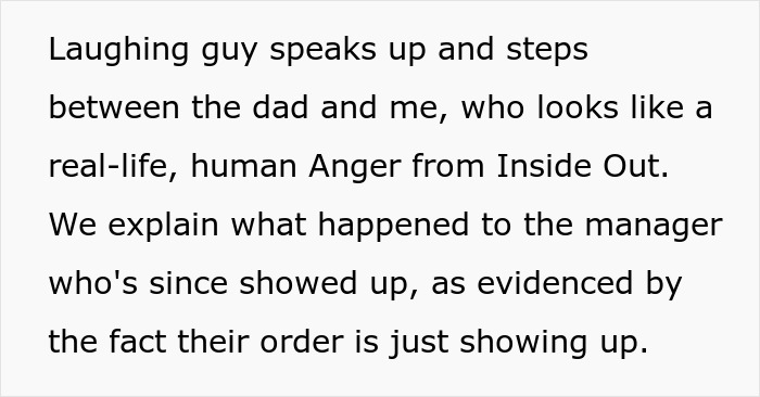 Text excerpt describing a chaotic interaction involving a dad, a manager, and a spicy chicken sandwich incident.