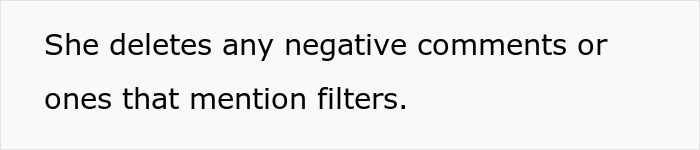 Text image showing the phrase about deleting negative comments or those mentioning filters, related to gym influencer behavior online.