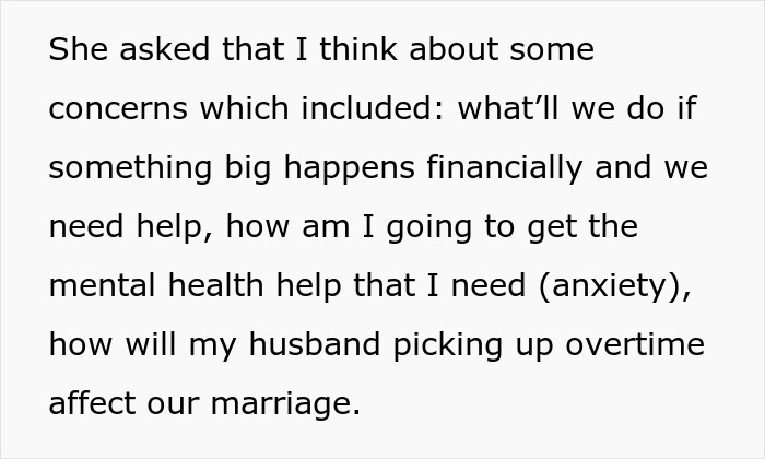 Text discussing concerns about financial help, mental health, and marriage stress from husband's overtime work.