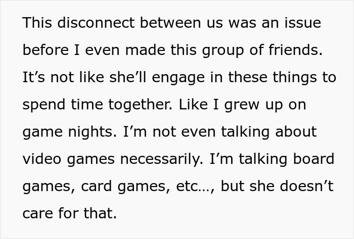 Text excerpt about a disconnect in relationship due to different interests, reflecting GF not wanting BF going on trip with female friend.