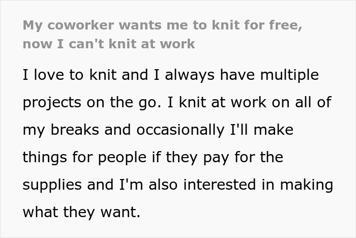 Text about an entitled employee upset that her coworker won&rsquo;t knit her a large blanket for free at work.