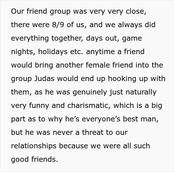 Text about close friend group dynamics, best man&rsquo;s charm, and fears of betrayal involving ex-wife and best man.