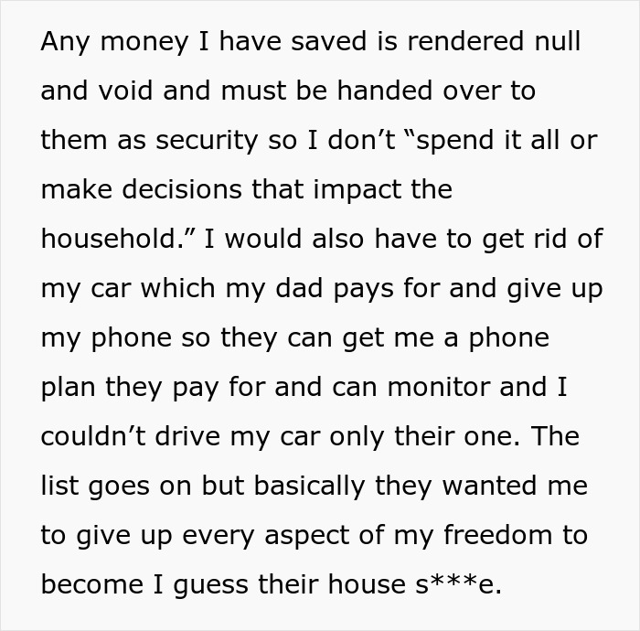 Text excerpt describing nanny job demands requiring loss of personal freedom and control over finances and phone.