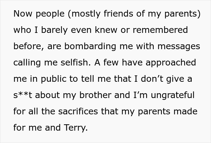 Text excerpt showing a woman sharing backlash she faced after setting a boundary about disabled brother&rsquo;s care.