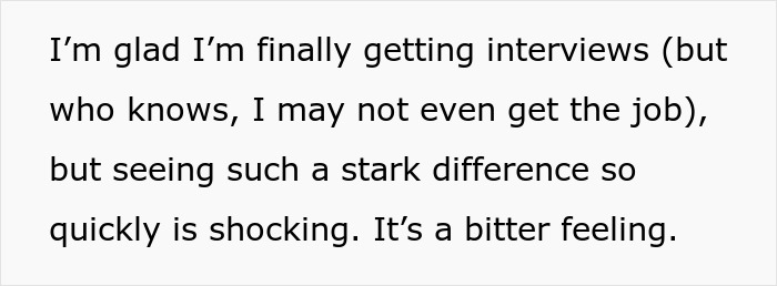 Text image showing a woman expressing shock after changing her name to a more white-sounding one and getting more job offers.