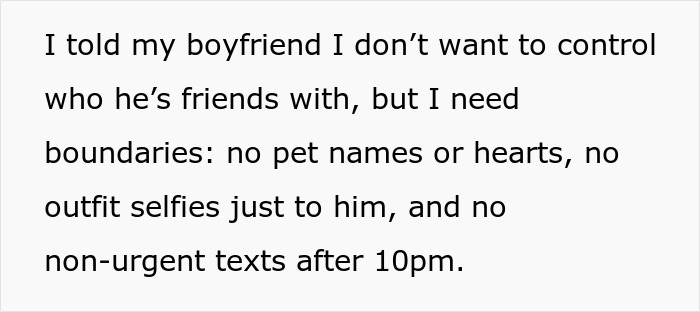 Text screenshot showing a woman setting boundaries with her boyfriend about his work wife sending hearts, selfies, and late texts. Text screenshot showing a woman setting boundaries with her boyfriend about his work wife sending hearts, selfies, and late texts.