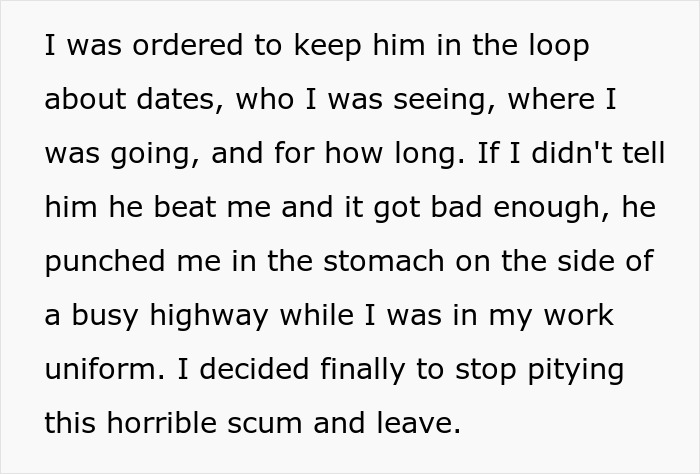 Text excerpt describing abuse and control in a relationship involving debt and a Spiderman costume purchase conflict.